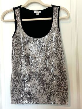 Cache Top Women S Silver Black Sequin Snake Print Sleeveless Shell Layer Y2K Art